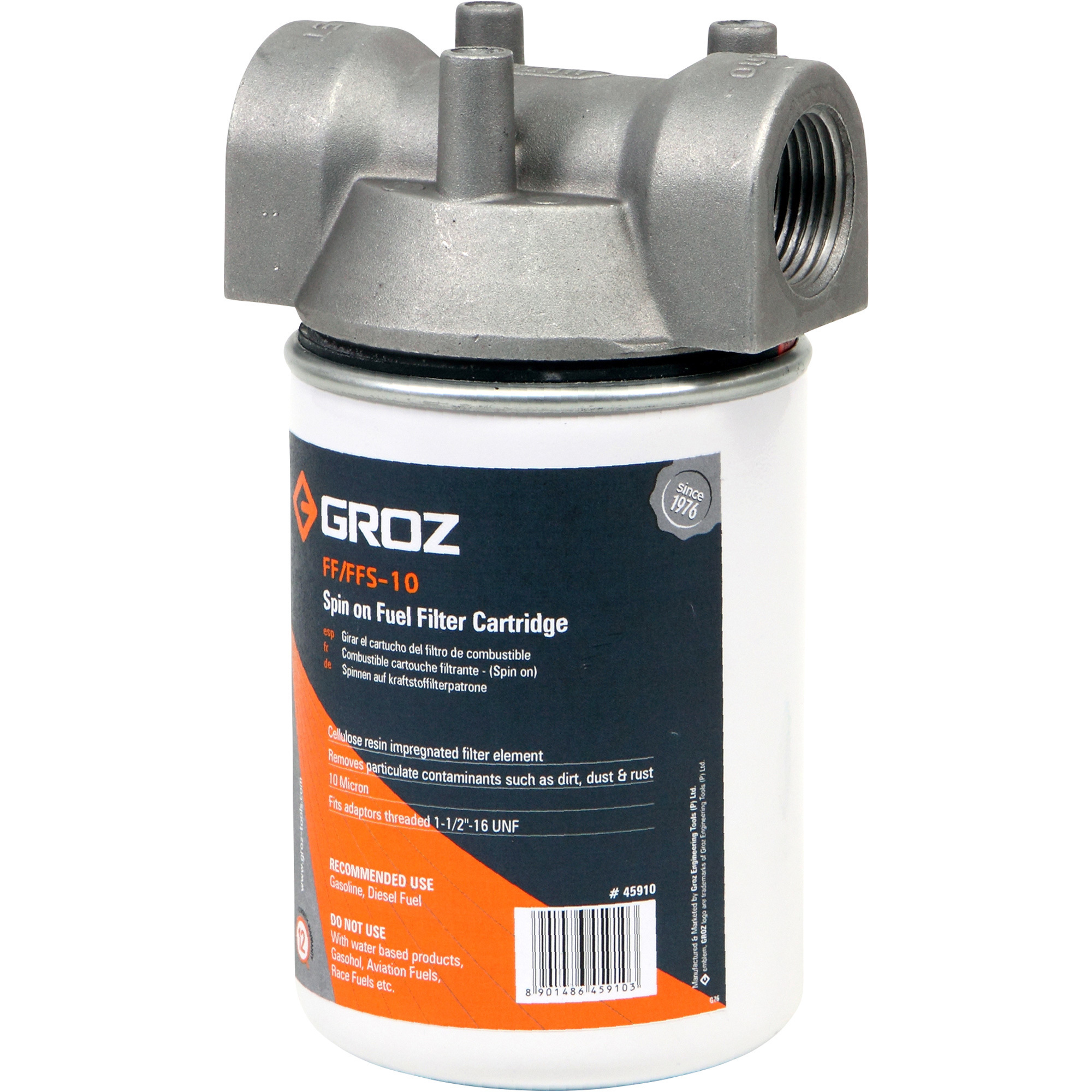 GROZ Fuel Filter with Spin On Cartridge, 10 Micron, 20 GPM, 3/4in. NPT Thread, Model# FFS/10/3-4/N